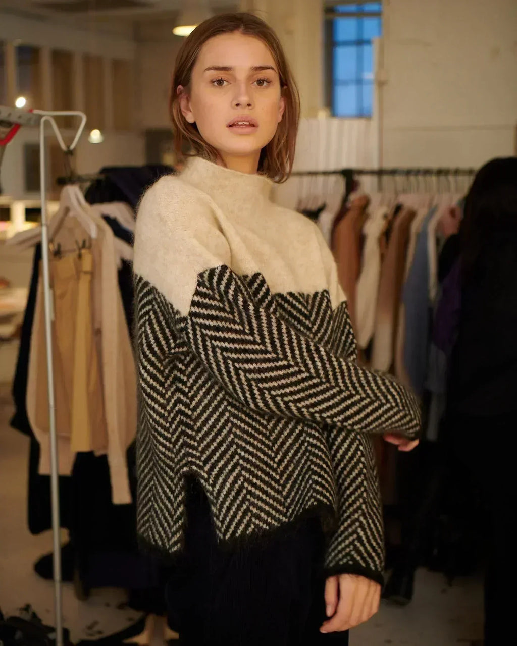 Agathe Soft Herringbone Mock-Neck Sweater